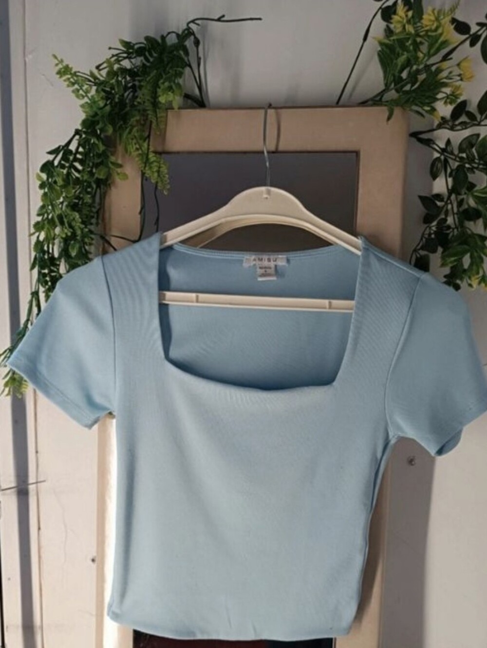 Light Blue Square Neck Ribbed Women's Top
